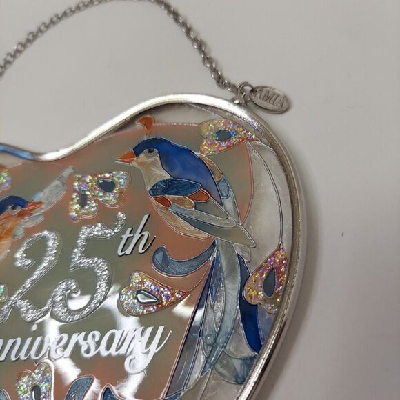 Vintage AMIA 25th Anniversary Stained Glass Sun Catcher Birds Hearts Silver Key - Picture 9 of 9